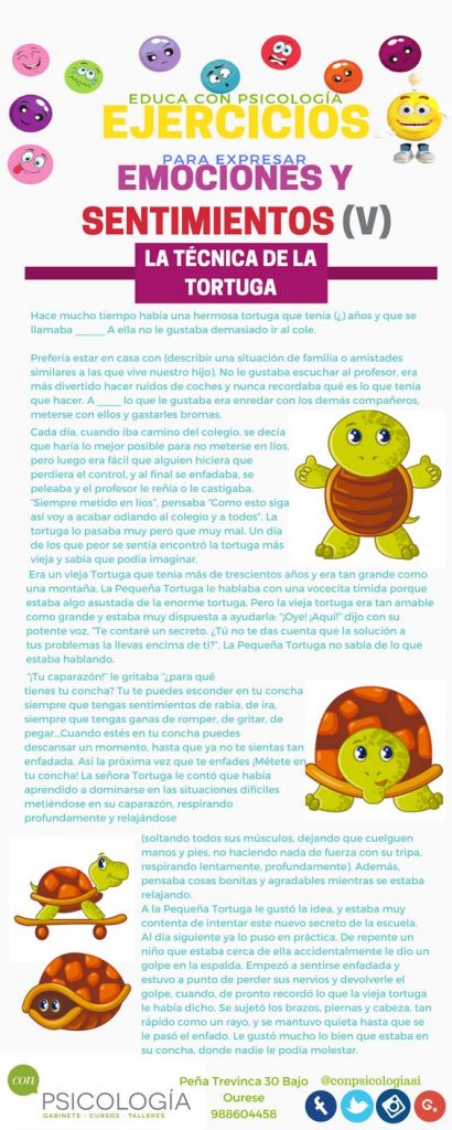 infografía con la explicación de la técnica de la tortuga adaptada para niños, ilustrada con tortugas